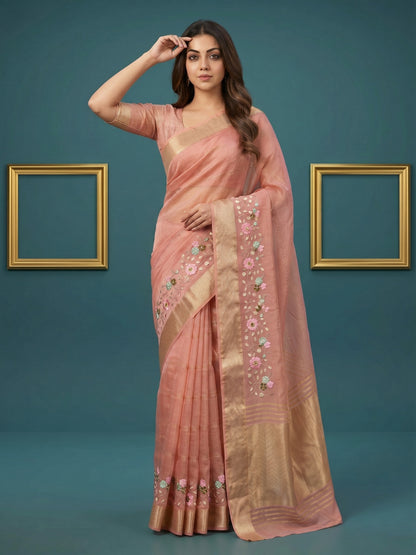 Women's Organza Tissue Silk Saree With Unstitched Blouse Piece