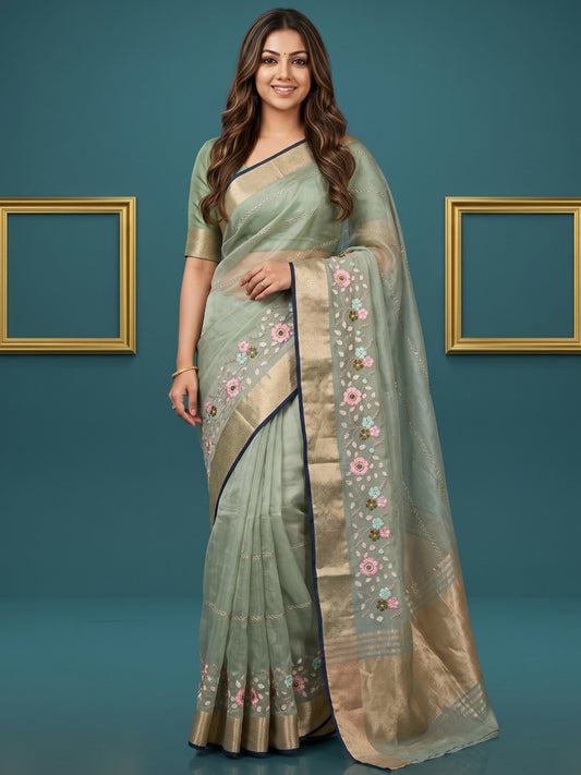 Women's Organza Tissue Silk Saree With Unstitched Blouse Piece