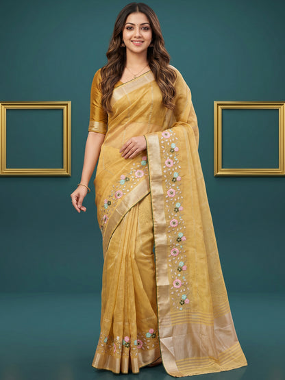 Women's Organza Tissue Silk Saree With Unstitched Blouse Piece