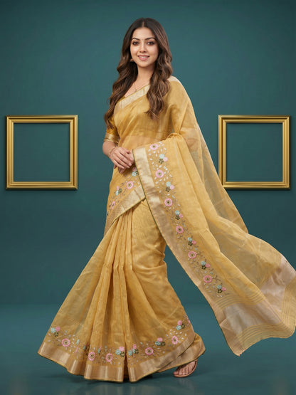 Women's Organza Tissue Silk Saree With Unstitched Blouse Piece
