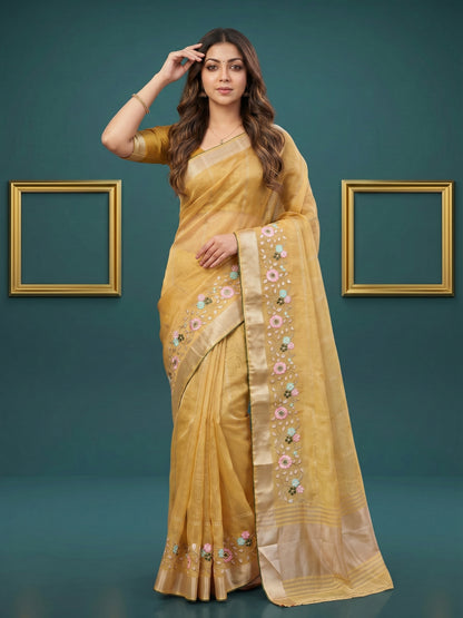Women's Organza Tissue Silk Saree With Unstitched Blouse Piece