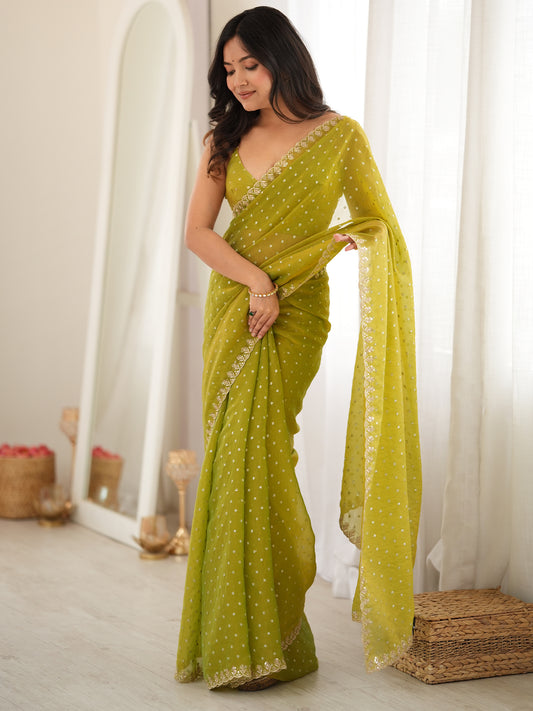 Women's Moss Chiffon Saree With Unstitched Blouse Piece
