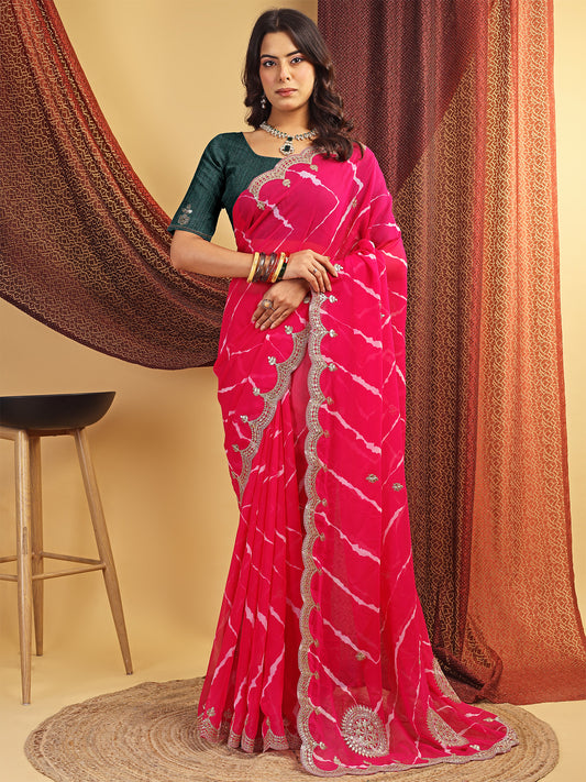 Women's Georgette Lehriya Print Saree With Unstitched Blouse Piece