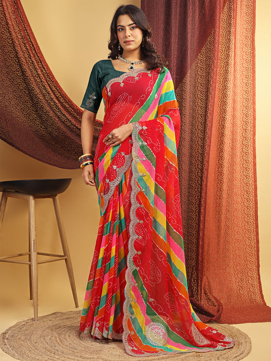 Women's Georgette Lehriya Print Saree With Unstitched Blouse Piece