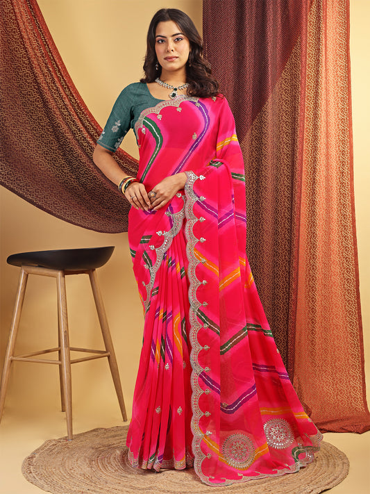Women's Georgette Lehriya Print Saree With Unstitched Blouse Piece