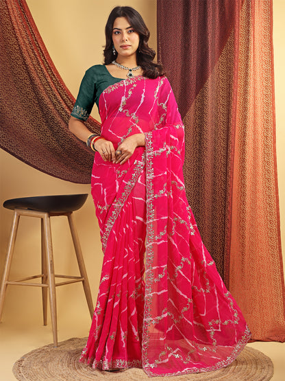 Women's Georgette Lehriya Print Saree With Unstitched Blouse Piece