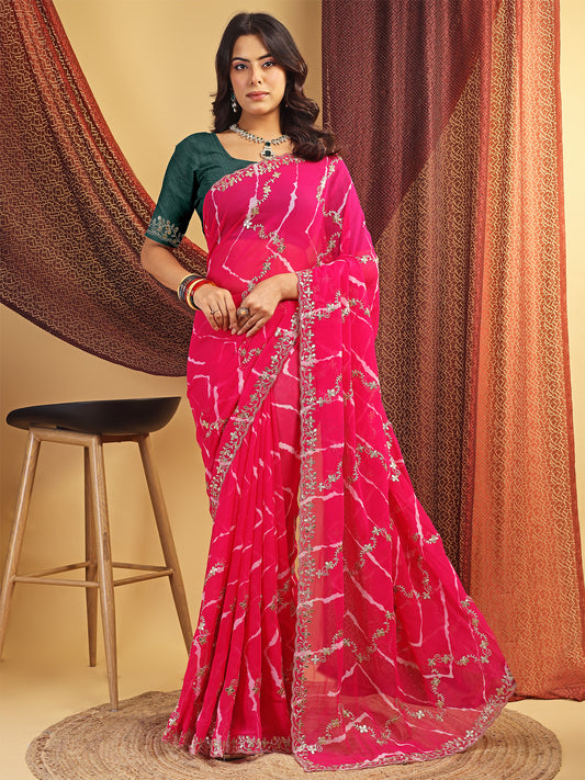 Women's Georgette Lehriya Print Saree With Unstitched Blouse Piece