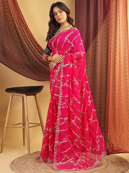 Women's Georgette Lehriya Print Saree With Unstitched Blouse Piece
