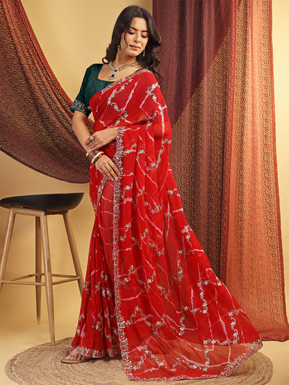 Women's Georgette Lehriya Print Saree With Unstitched Blouse Piece