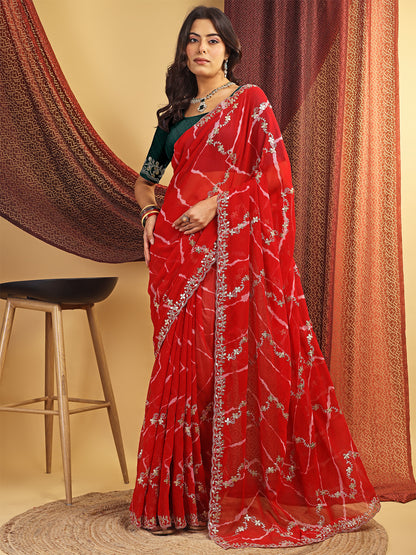 Women's Georgette Lehriya Print Saree With Unstitched Blouse Piece