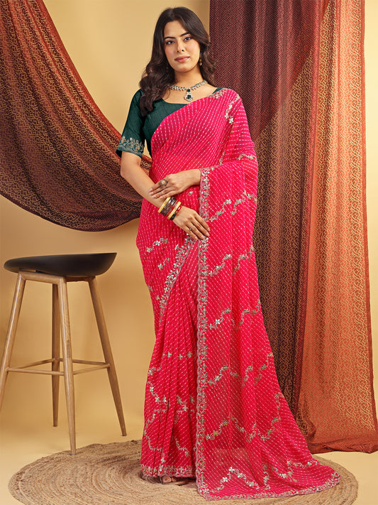 Women's Georgette Lehriya Print Saree With Unstitched Blouse Piece
