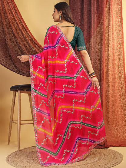 Women's Georgette Lehriya Print Saree With Unstitched Blouse Piece