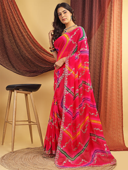Women's Georgette Lehriya Print Saree With Unstitched Blouse Piece