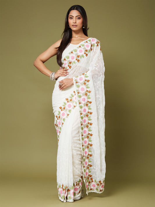 Women's Moss Chiffon Saree With Unstitched Blouse Piece