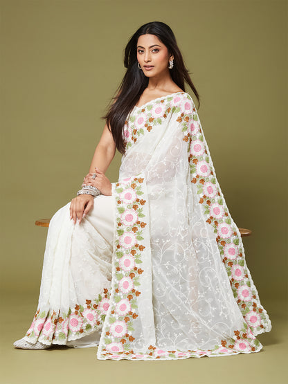 Women's Moss Chiffon Saree With Unstitched Blouse Piece