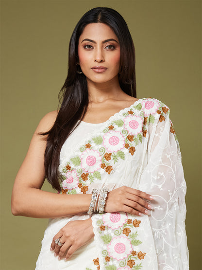 Women's Moss Chiffon Saree With Unstitched Blouse Piece