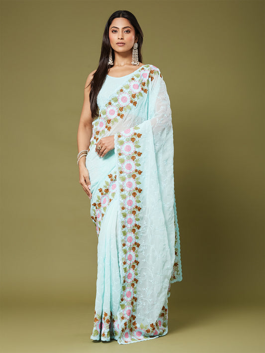 Women's Moss Chiffon Saree With Unstitched Blouse Piece