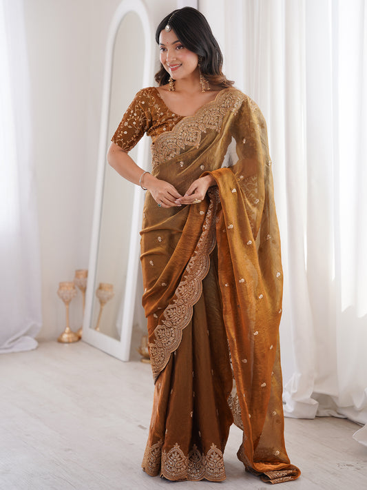 Women's Fendy Satin Saree With Unstitched Blouse Piece