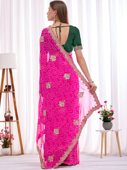 Women's Georgette Bandhani Saree With Unstitched Blouse Piece