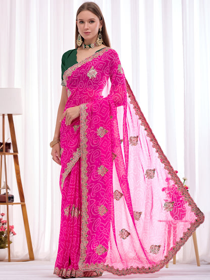 Women's Georgette Bandhani Saree With Unstitched Blouse Piece