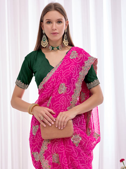 Women's Georgette Bandhani Saree With Unstitched Blouse Piece