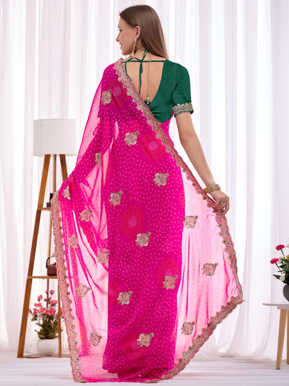 Women's Georgette Bandhani Saree With Unstitched Blouse Piece