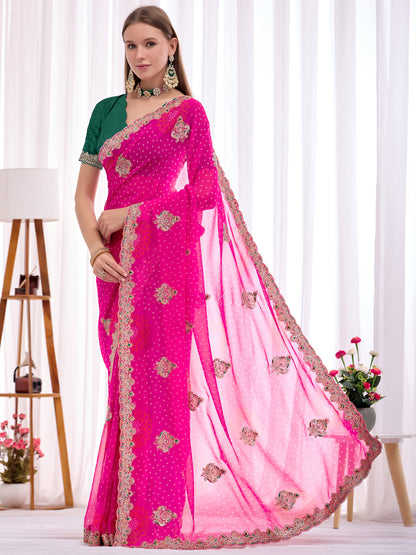 Women's Georgette Bandhani Saree With Unstitched Blouse Piece