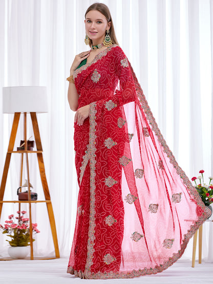 Women's Georgette Bandhani Saree With Unstitched Blouse Piece