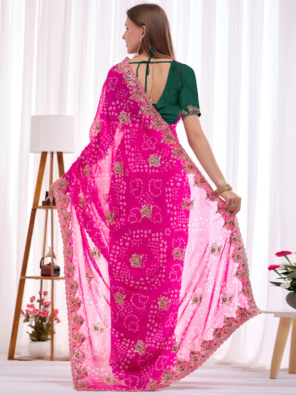 Women's Georgette Bandhani Saree With Unstitched Blouse Piece