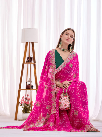 Women's Georgette Bandhani Saree With Unstitched Blouse Piece