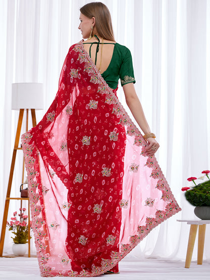 Women's Georgette Bandhani Saree With Unstitched Blouse Piece