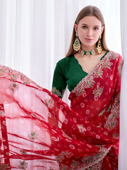 Women's Georgette Bandhani Saree With Unstitched Blouse Piece