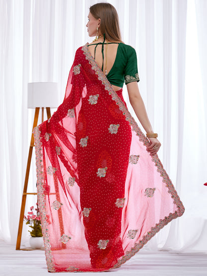 Women's Georgette Bandhani Saree With Unstitched Blouse Piece