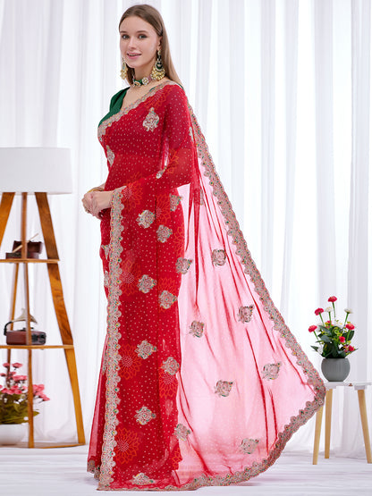 Women's Georgette Bandhani Saree With Unstitched Blouse Piece