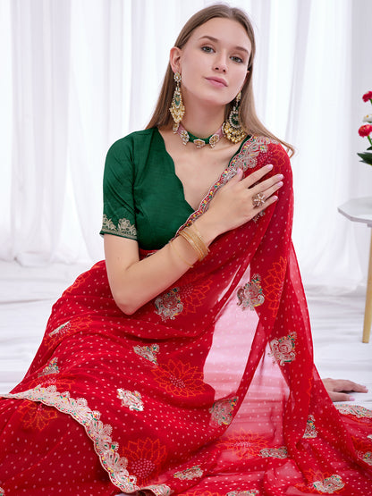 Women's Georgette Bandhani Saree With Unstitched Blouse Piece