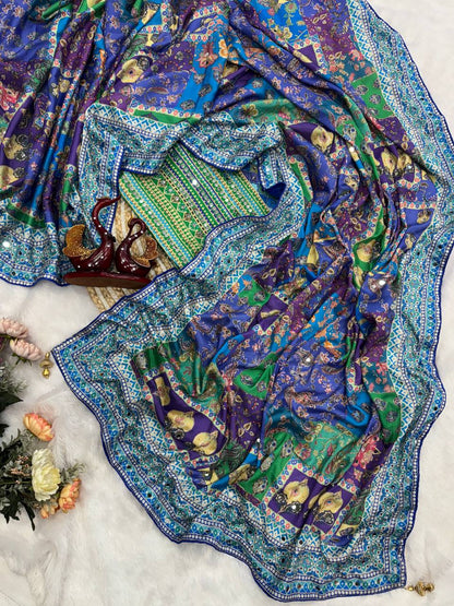 Women's Chinon Ajrakh Print Saree With Unstitched Blouse Piece