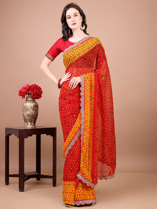 Women's Georgette Bandhani Saree With Unstitched Blouse Piece