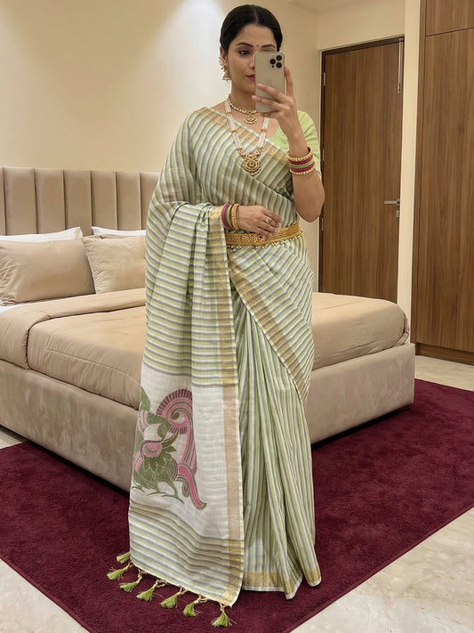 Women's Cotton Linen Saree With Unstitched Blouse Piece