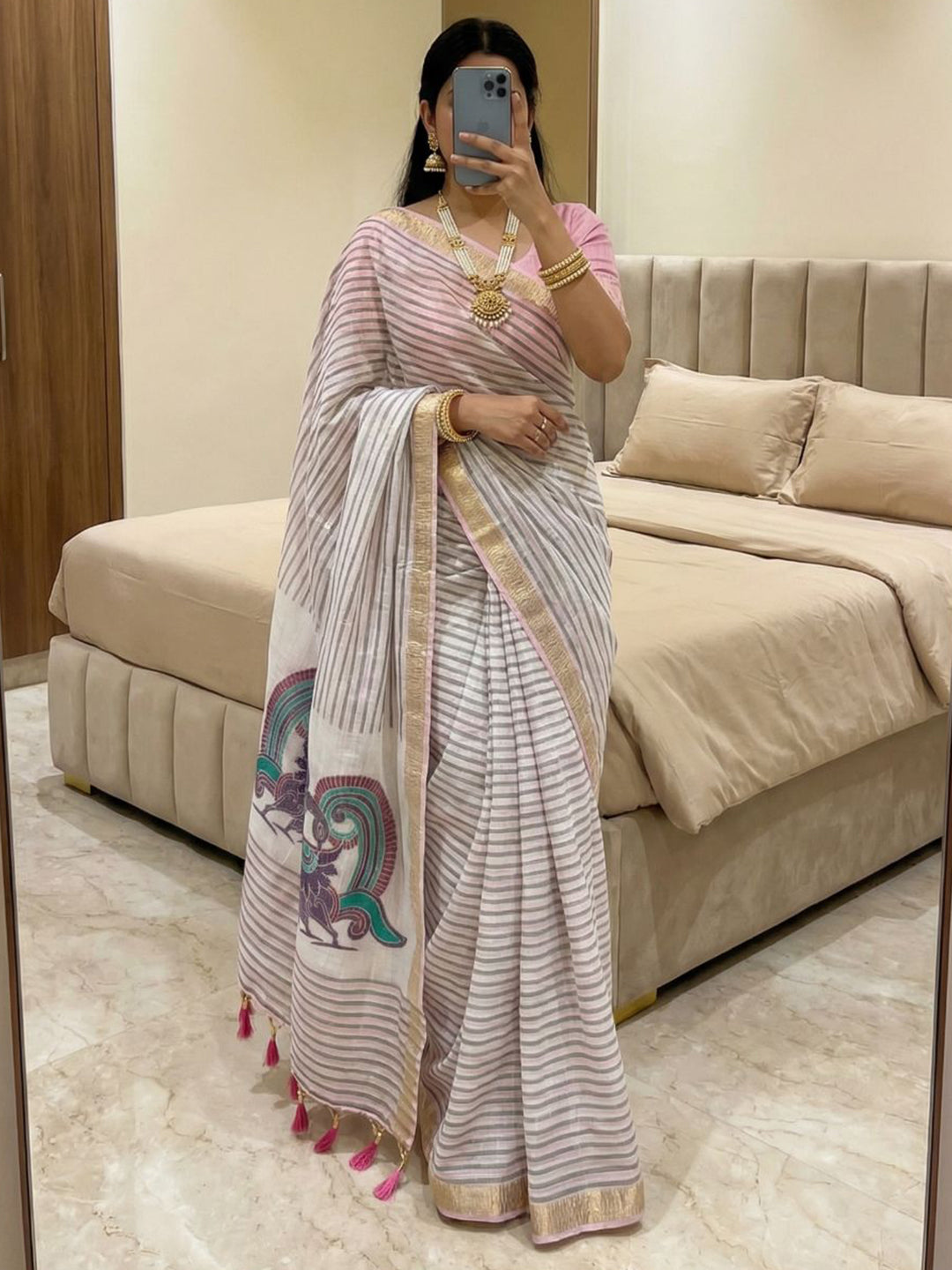 Women's Cotton Linen Saree With Unstitched Blouse Piece