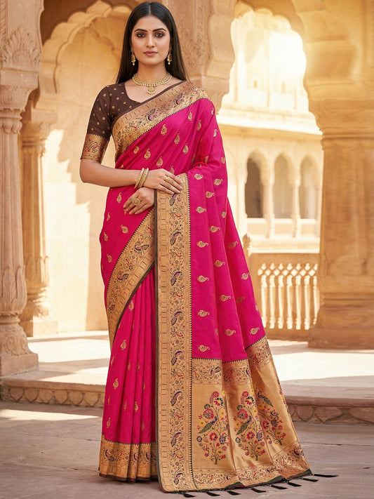 Women's Paithani Silk Saree With Unstitched Blouse Piece