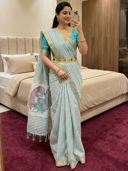 Women's Cotton Linen Saree With Unstitched Blouse Piece