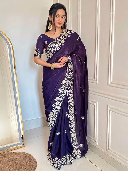 Women's Fendy Satin Party Wear Saree With Unstitched Blouse Piece