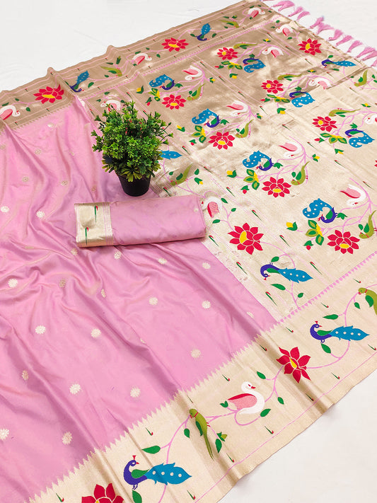 Women's Paithani Silk Saree With Unstitched Blouse Piece