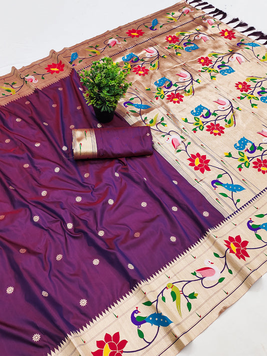 Women's Paithani Silk Saree With Unstitched Blouse Piece