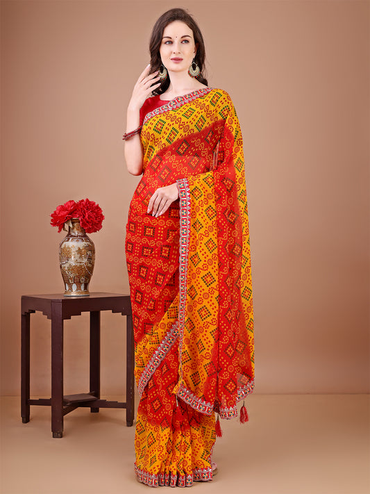 Women's Georgette Bandhani Saree With Unstitched Blouse Piece