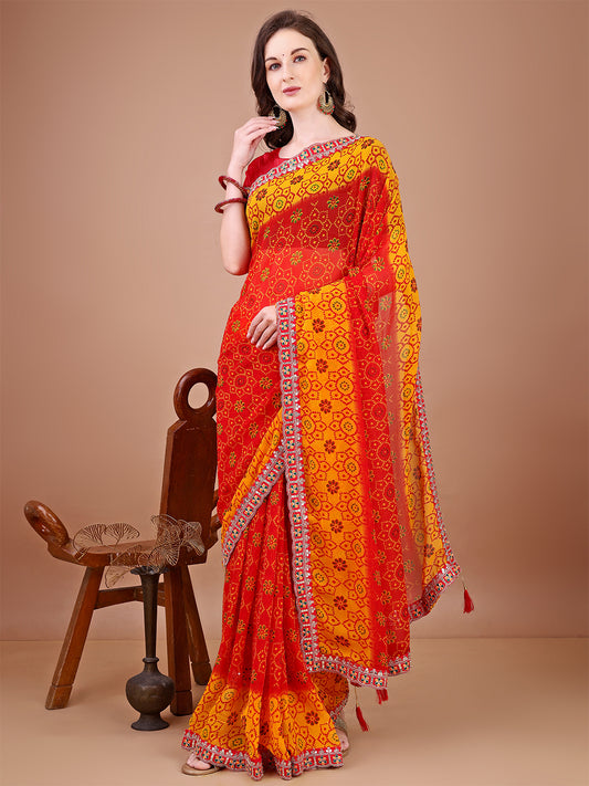 Women's Georgette Bandhani Saree With Unstitched Blouse Piece