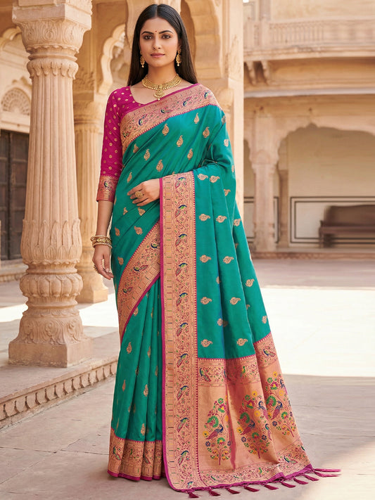 Women's Paithani Silk Saree With Unstitched Blouse Piece