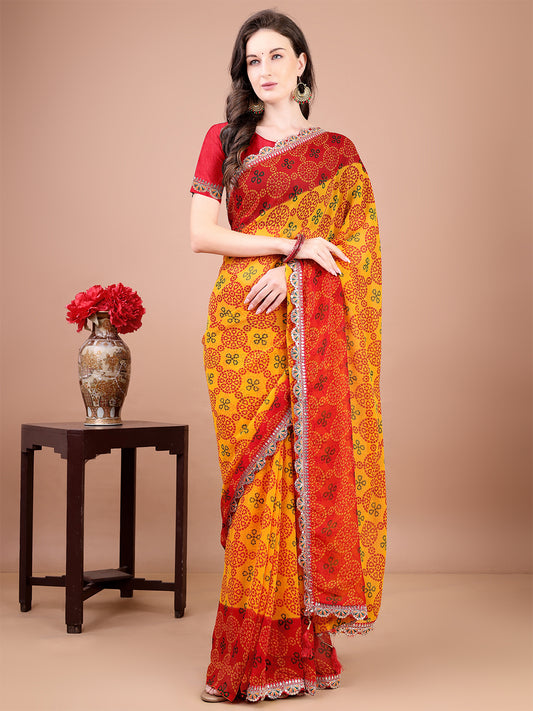 Women's Georgette Bandhani Saree With Unstitched Blouse Piece