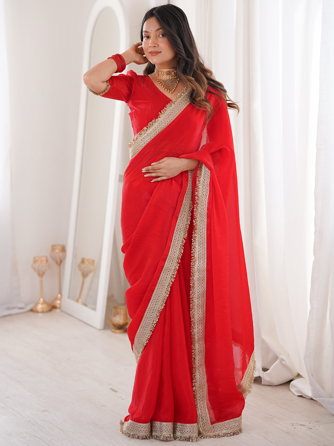 Women's Fendy Satin Party Wear Saree With Unstitched Blouse Piece