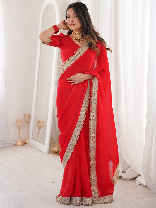 Women's Fendy Satin Party Wear Saree With Unstitched Blouse Piece